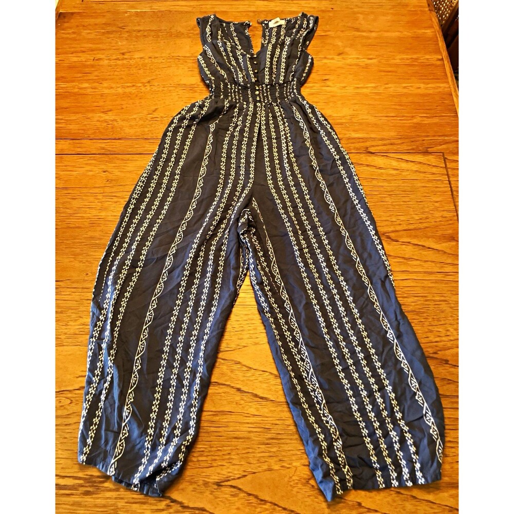 Japna XS Blue/White Striped Rayon V-Neck Sleeveless Jumpsuit Elastic Waist